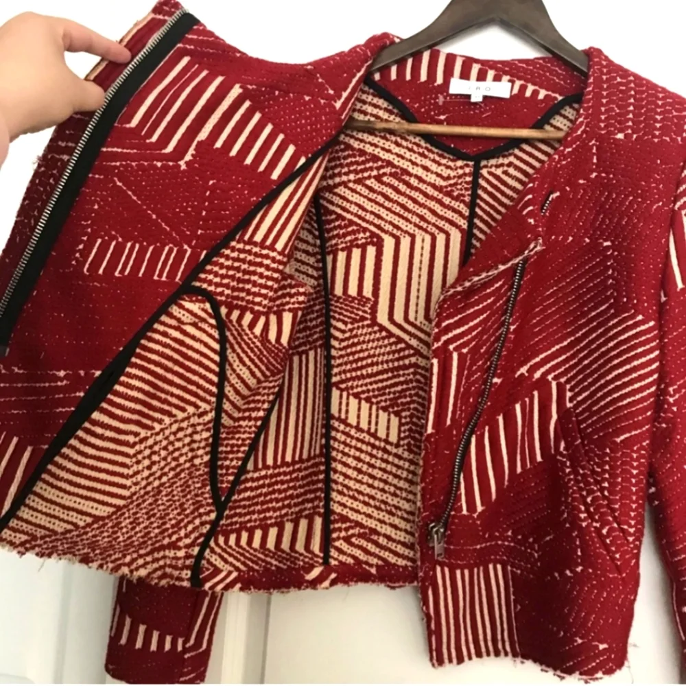 IRO Red Geometric Tweed Boucle Moto Jacket Raw Egde